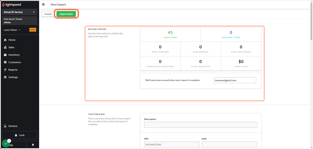The Review Import screen should confirm that new items are about to be created. Click the "Import items" button to execute.