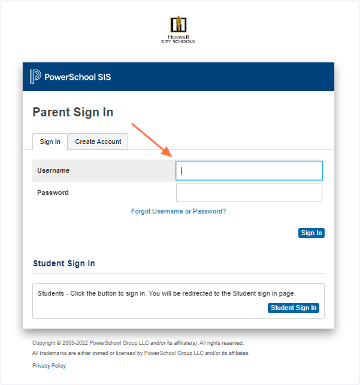 Enter in the Username and Password under the "Parent Sign In" Section