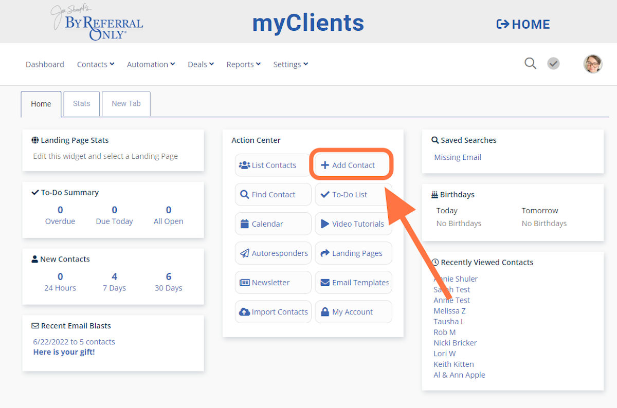 From the myClients homepage, click 'Add Contact'