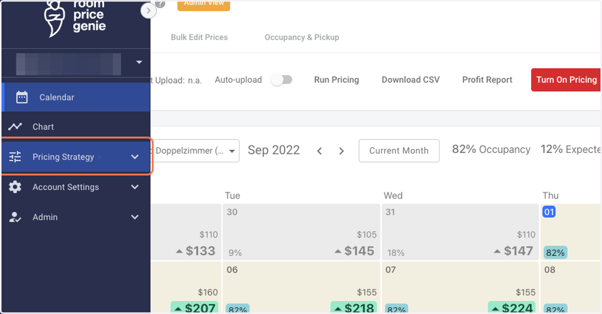 Log in to RoomPriceGenie and click on Pricing Strategy.