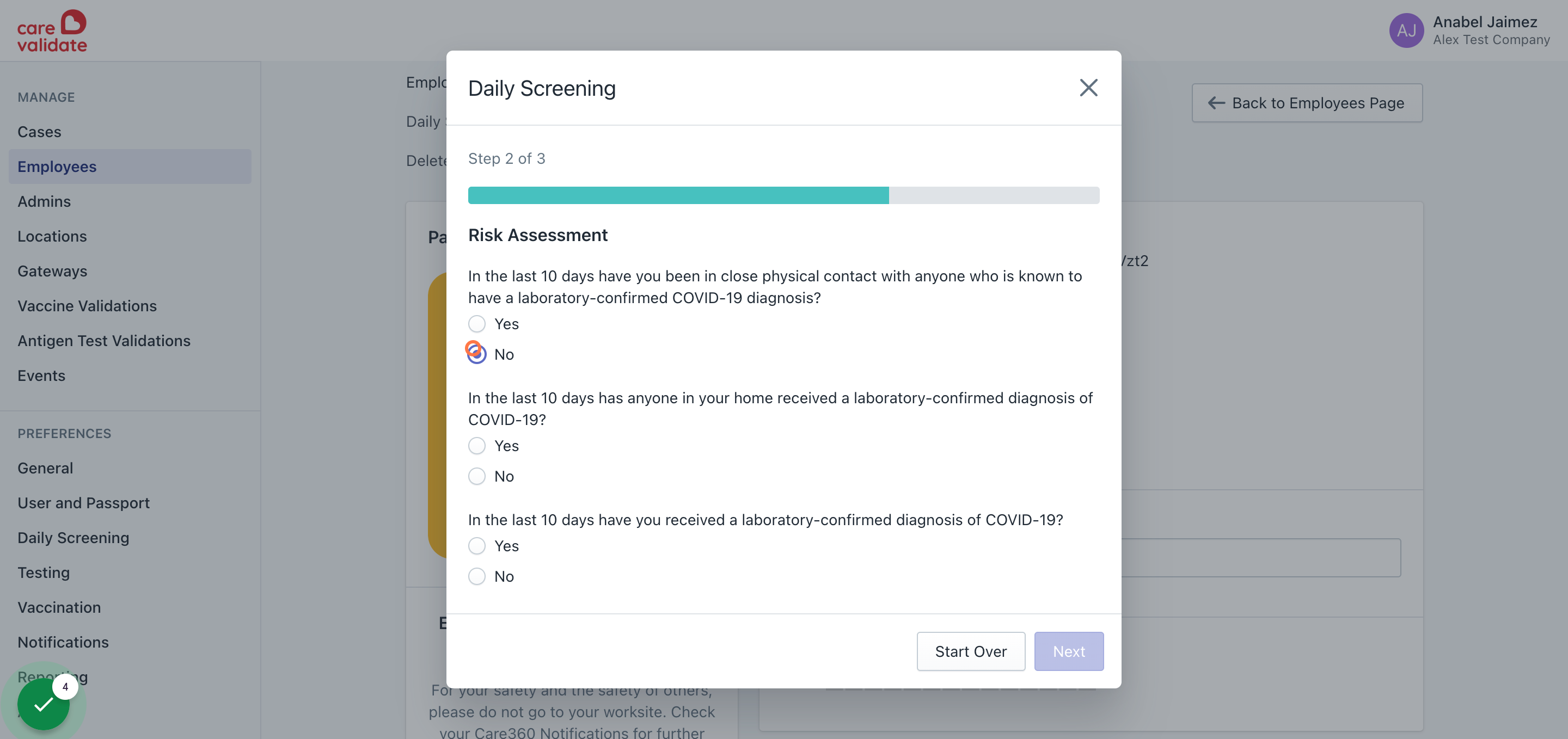 Fill out the Risk Assessment questions (if applicable) with the appropriate responses and press 'Next.'