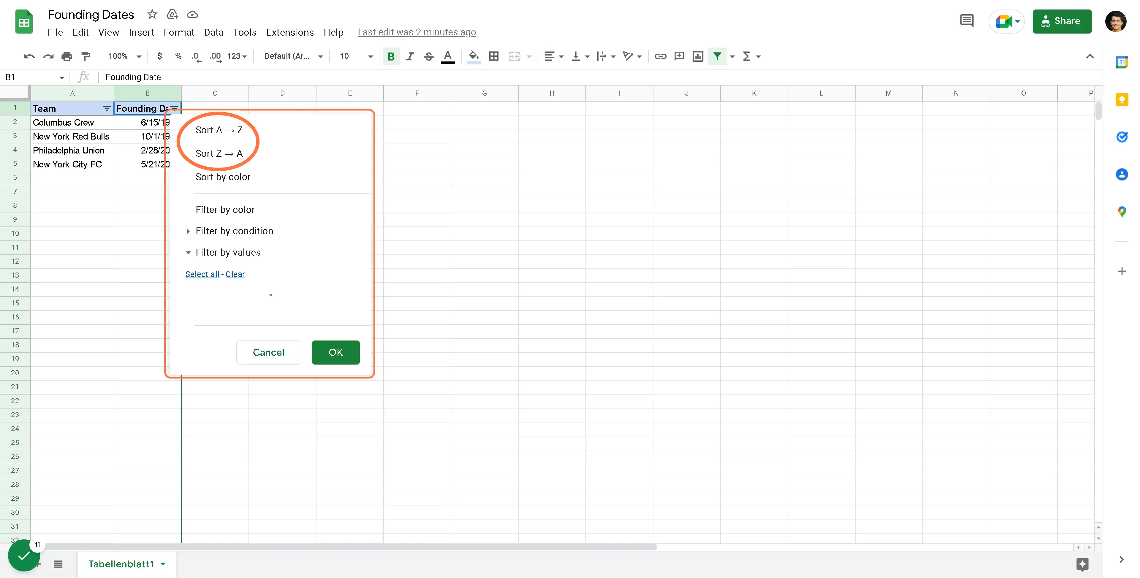Choose Sort A –> Z (latest date last) or Sort Z –> A (latest date first)