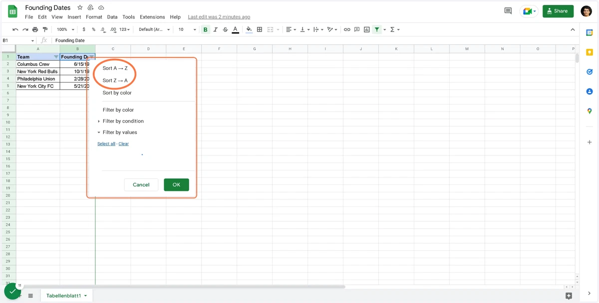 Choose Sort A –> Z (latest date last) or Sort Z –> A (latest date first)