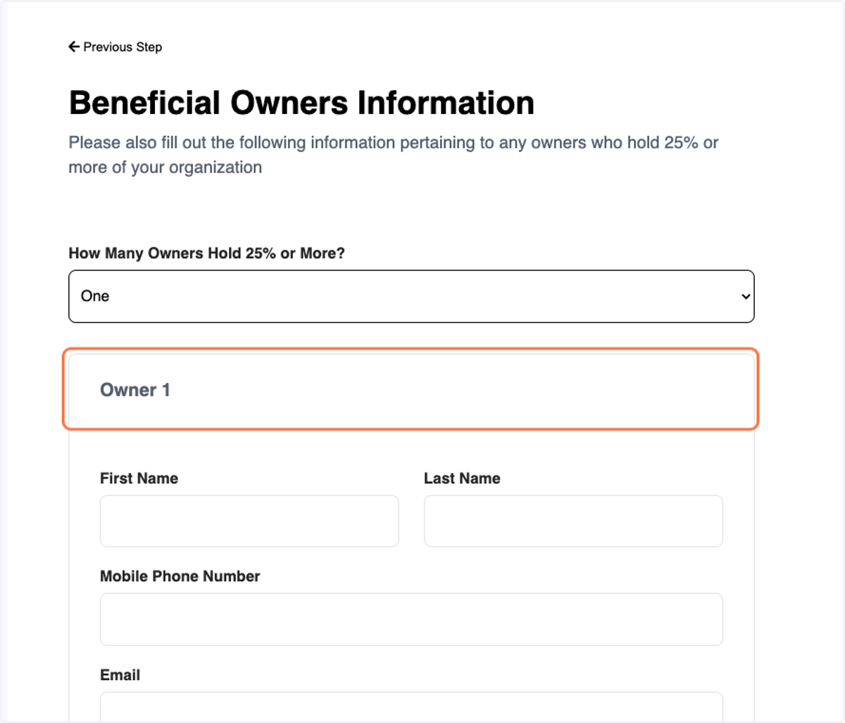 Select How Many Owners Hold 25% Ownership or More (Beneficial Owners)