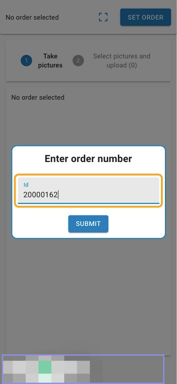 You can click on SET ORDER and type order number to which you want to add pictures, or you can Scan a QR code from Fixably Core