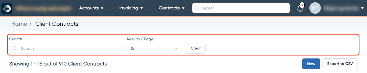 Use the Search and Filter fields to locate your target Client Contract.