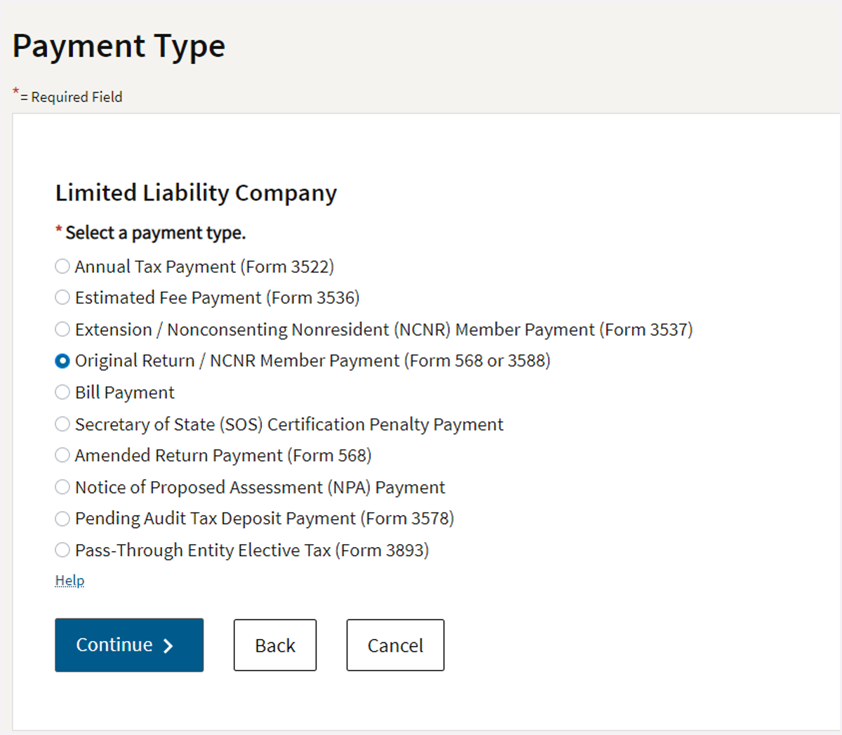 Choose "Original Return/ NCNR Member Payment (Form 568 or 3588)"