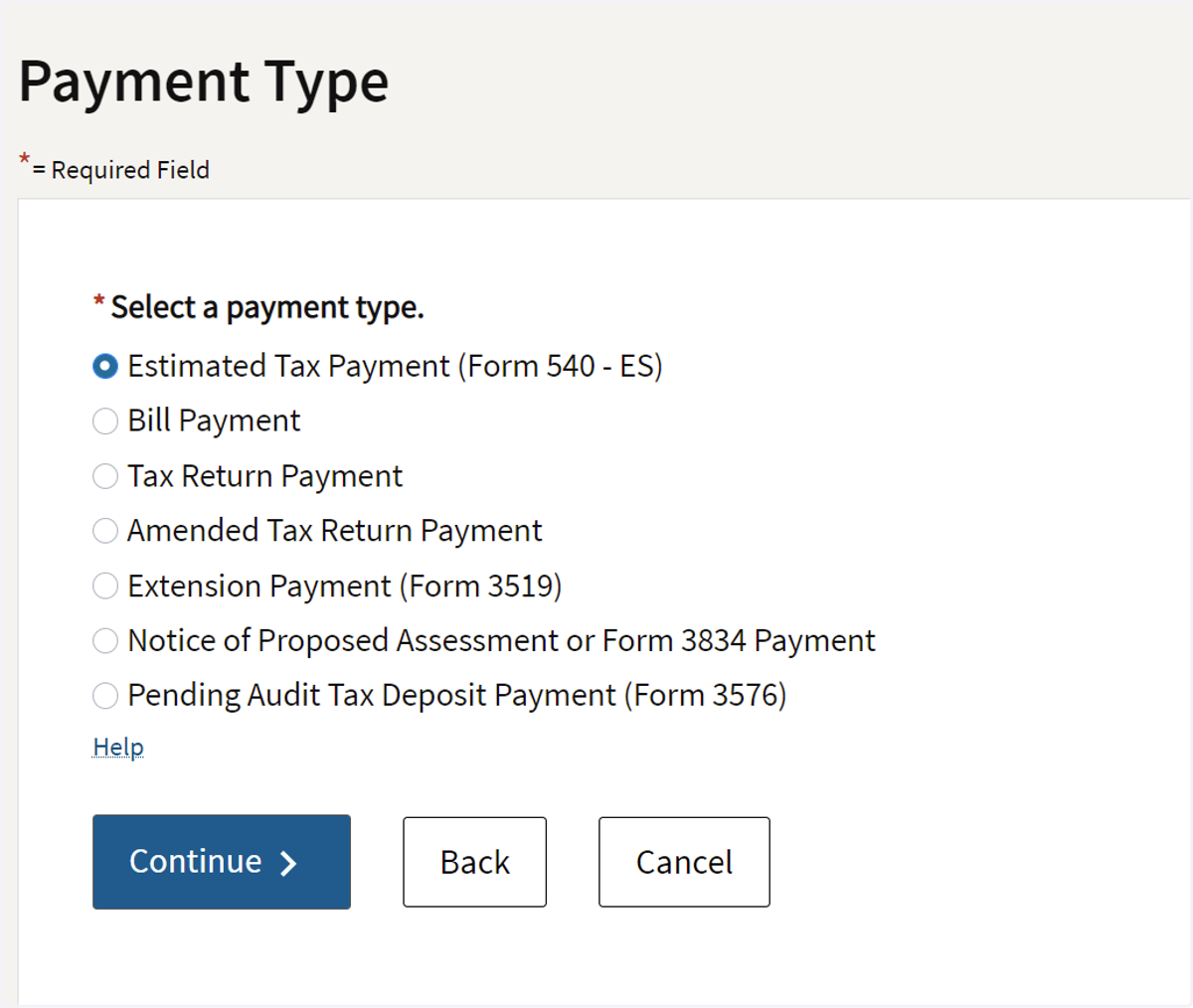 Click "Estimated Tax Payment (Form 540-ES)"