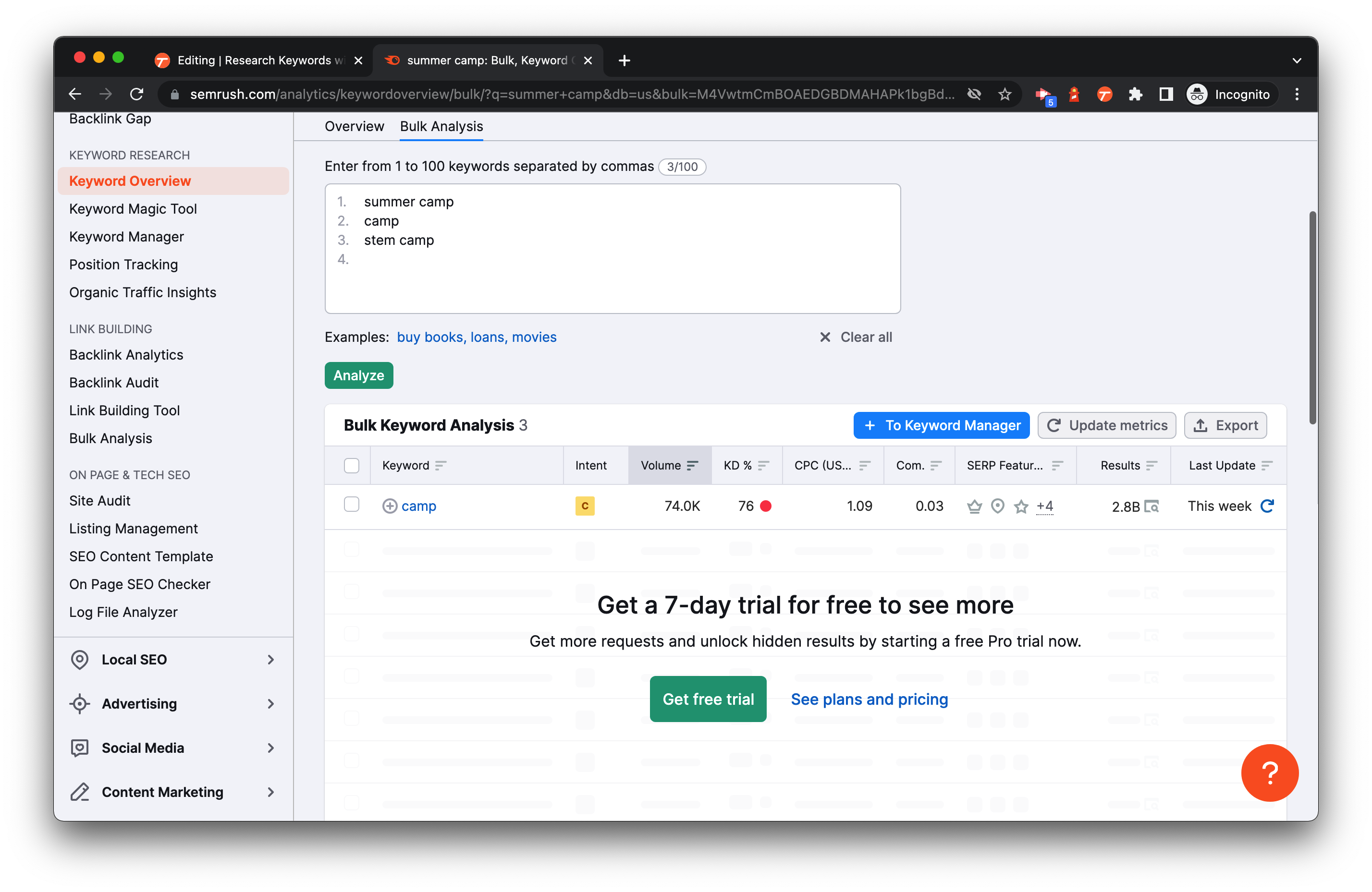 Review your results. If you didn't sign up for a free trial, you will only see the top keyword. Otherwise you will see all of them. Make note of the Volume for the keywords. Add the ones that rank particularly high to your spreadsheet.
