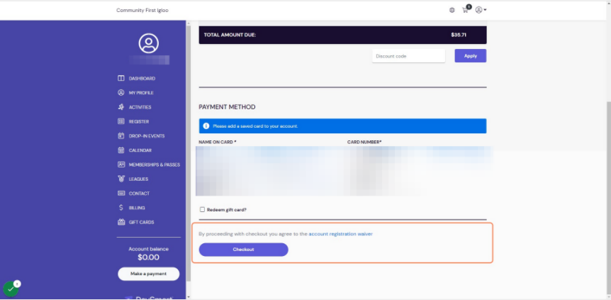 Input your payment information in the appropriate boxes and click Checkout.