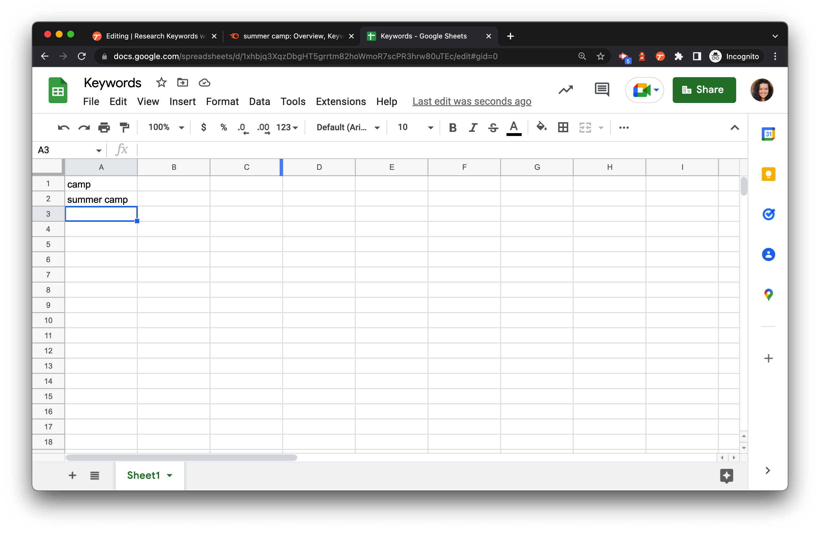 Create a spreadsheet to document your keywords.
