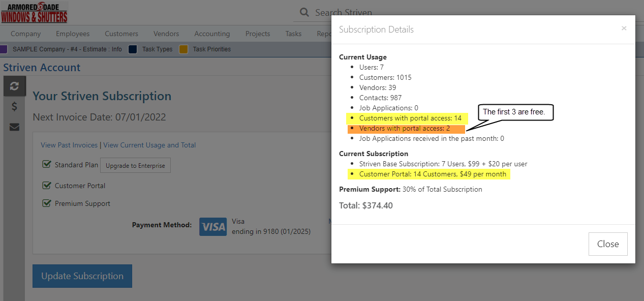 Review your Customers with portal access and Vendors with portal access totals and any associated charges
