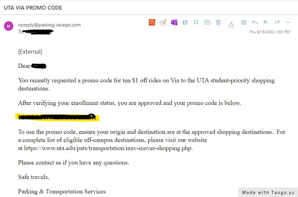Then check your UTA email in 24-48 hours for an email from "noreply@parking-receipt.com" with your promo code. 