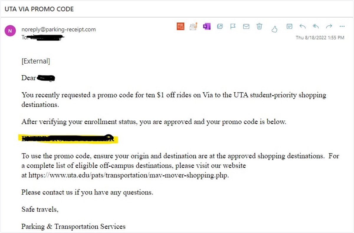 Then check your UTA email in 24-48 hours for an email from "noreply@parking-receipt.com" with your promo code.