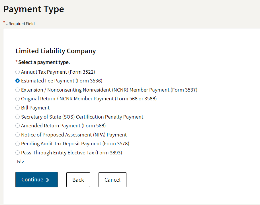 Choose "Estimated Fee Payment (Form 3536)"