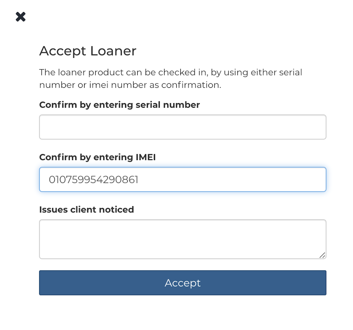 Para realizar el check-in en el dispositivo ingrese el imei o número de serie.