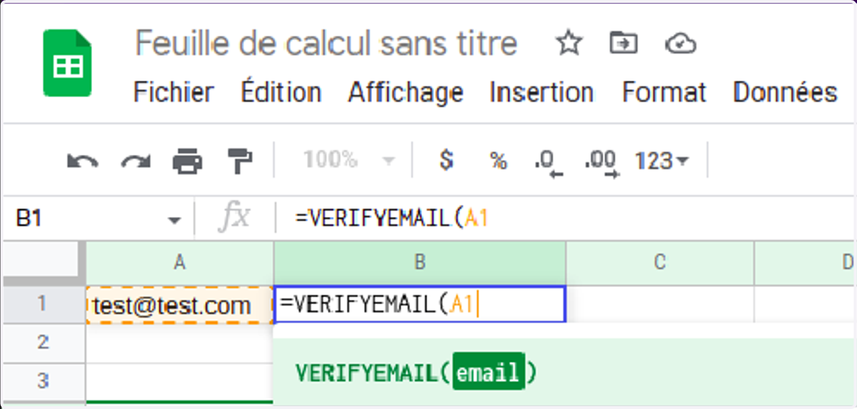 Go back to your spreadsheet. You can now use the VERIFYEMAIL formula as any other Gsheets formula
