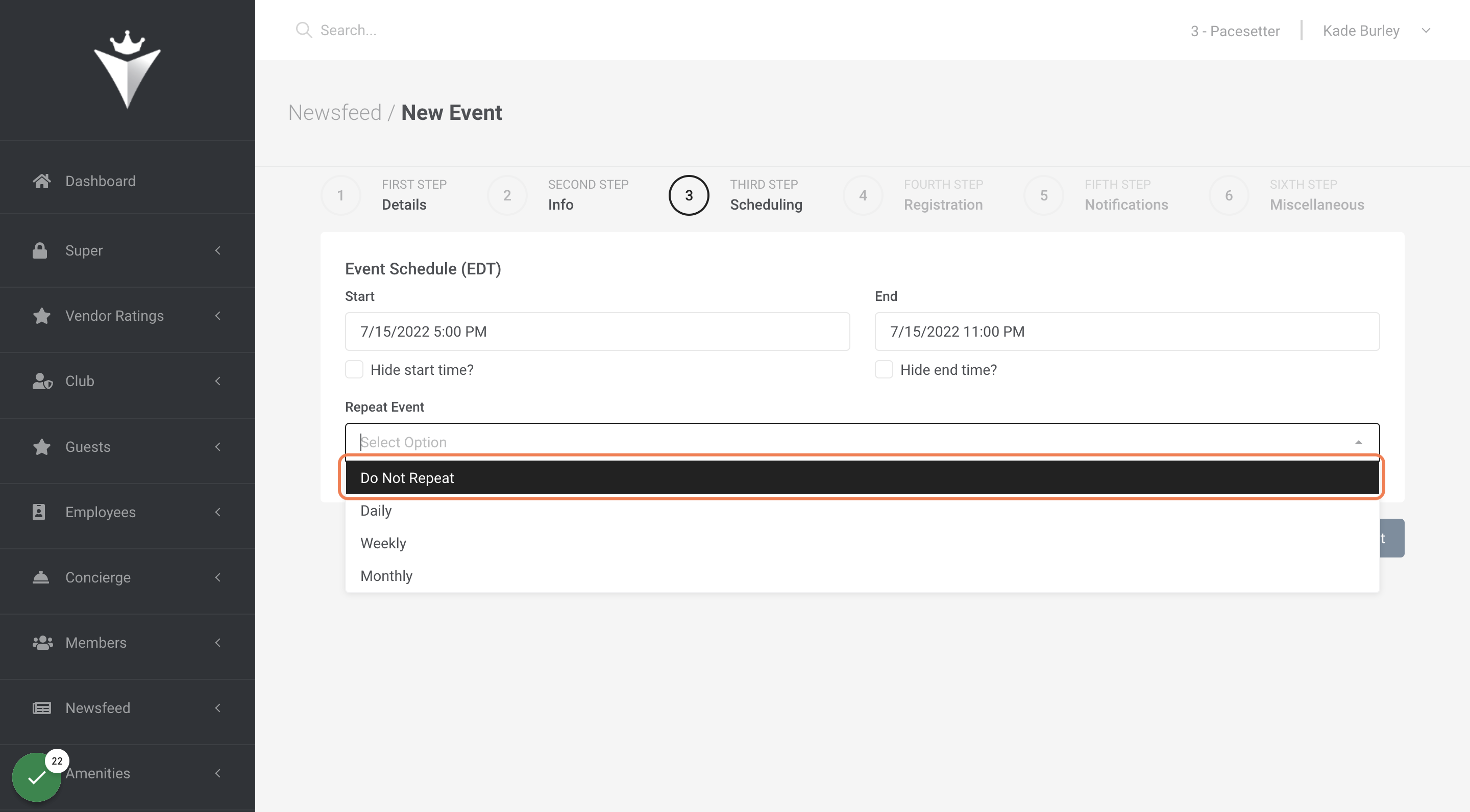 Select repeating schedule from the "Repeat Event" dropdown.