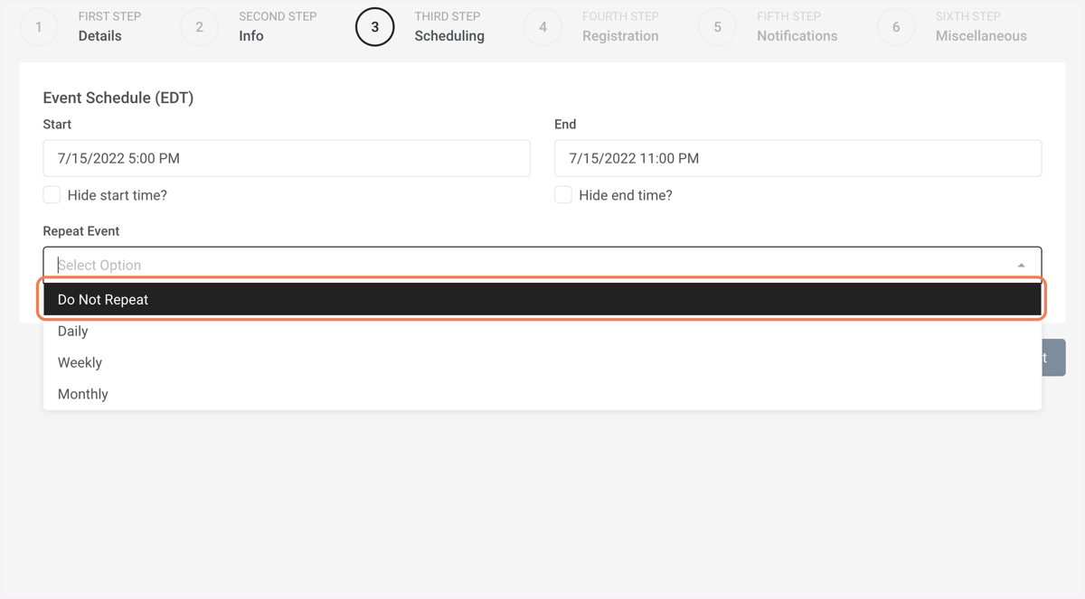 Select repeating schedule from the "Repeat Event" dropdown.