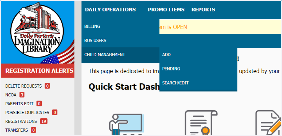 Click on CHILD MANAGEMENT