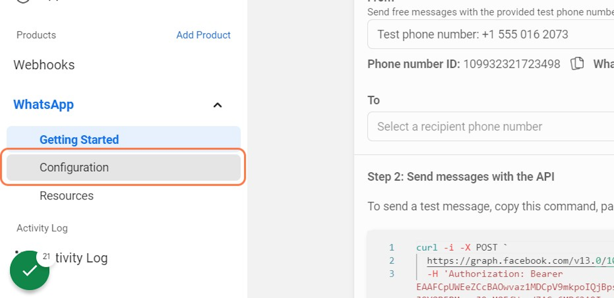 Click on Configuration under WhatsApp product set-up