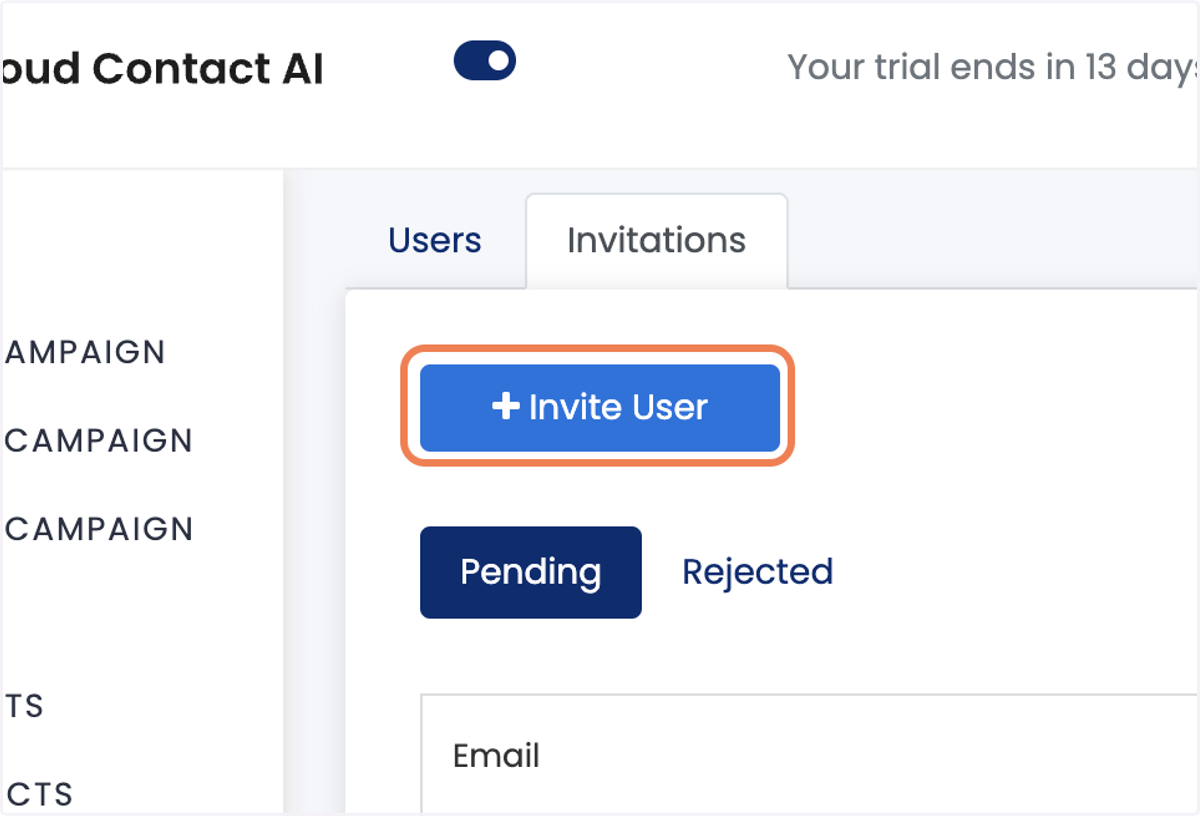 Click on Invite User