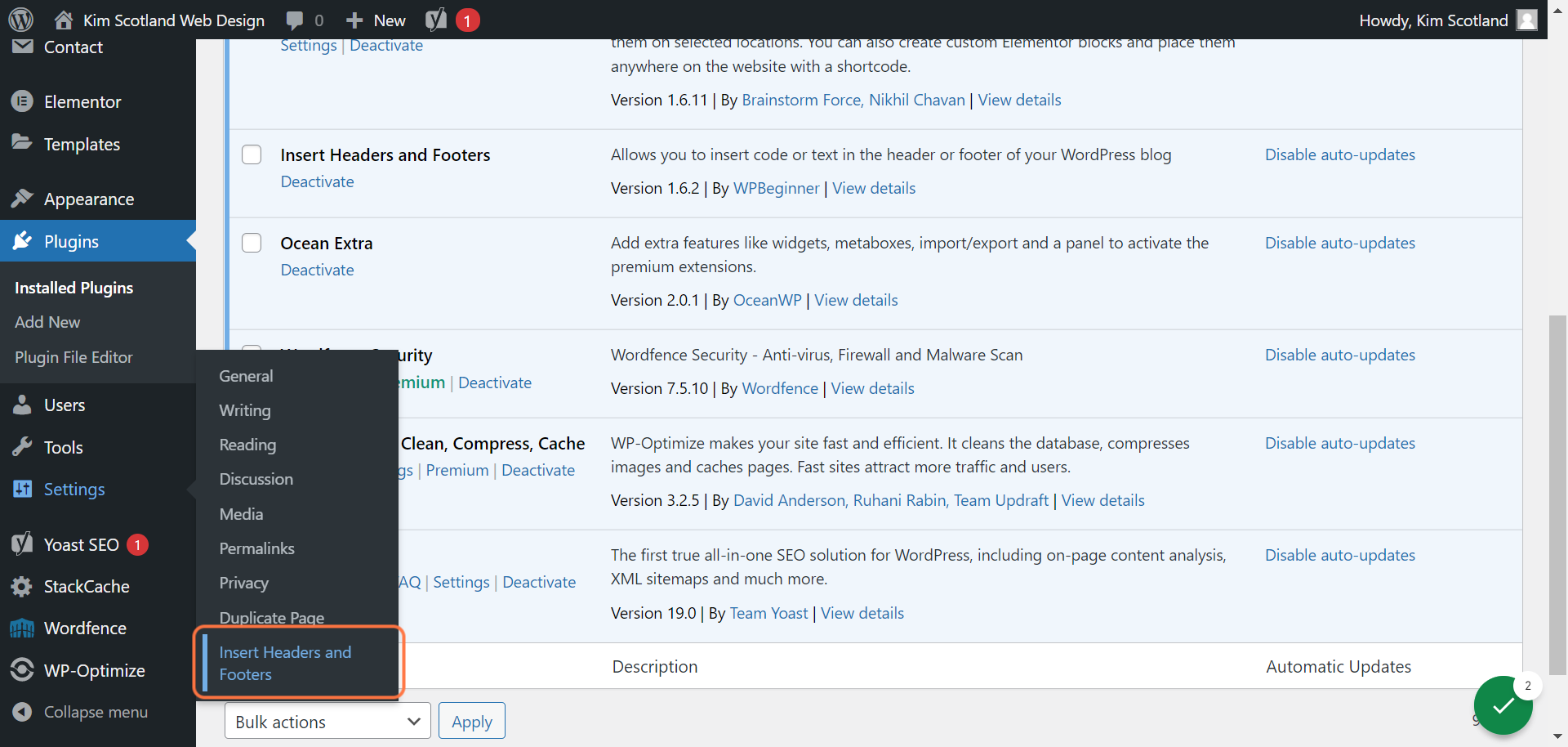 Hover over Settings in the left hand panel then click on Insert Headers and Footers