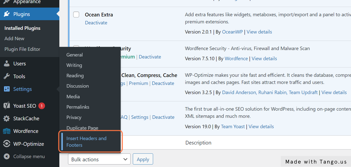 Hover over Settings in the left hand panel then click on Insert Headers and Footers