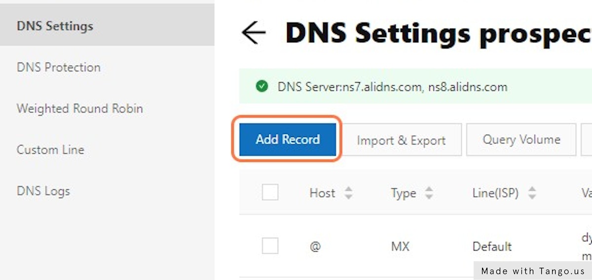 Go to your website's DNS settings and click Add Record
