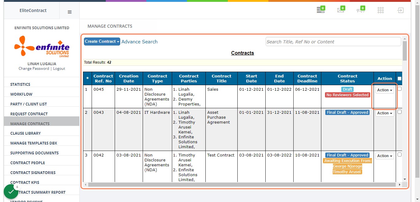 Selected contract status will change to Draft after creation with no reviewers selected