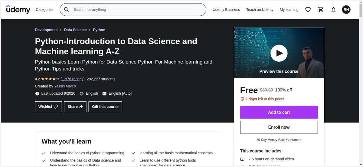 Go to Python-Introduction to Data Science and Machine learning A-Z | Udemy