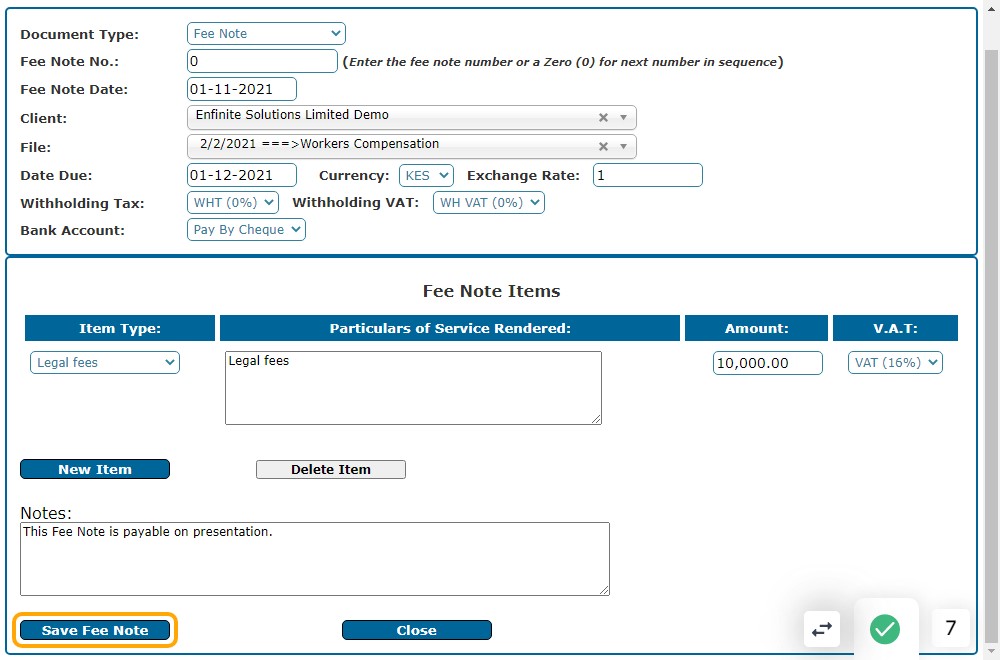 Once done click on the Save Note Button at the bottom to submit the details
