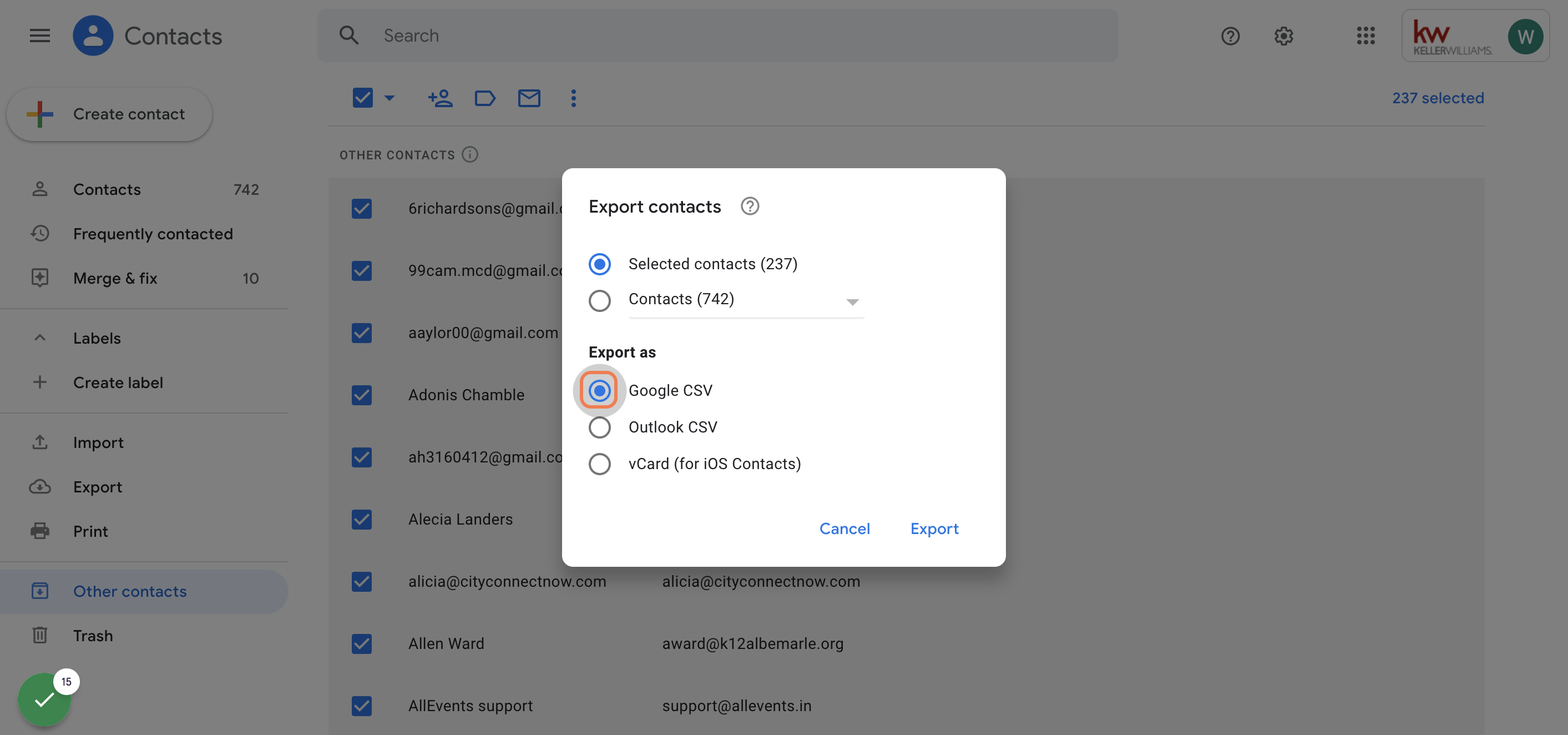 Click on Google CSV