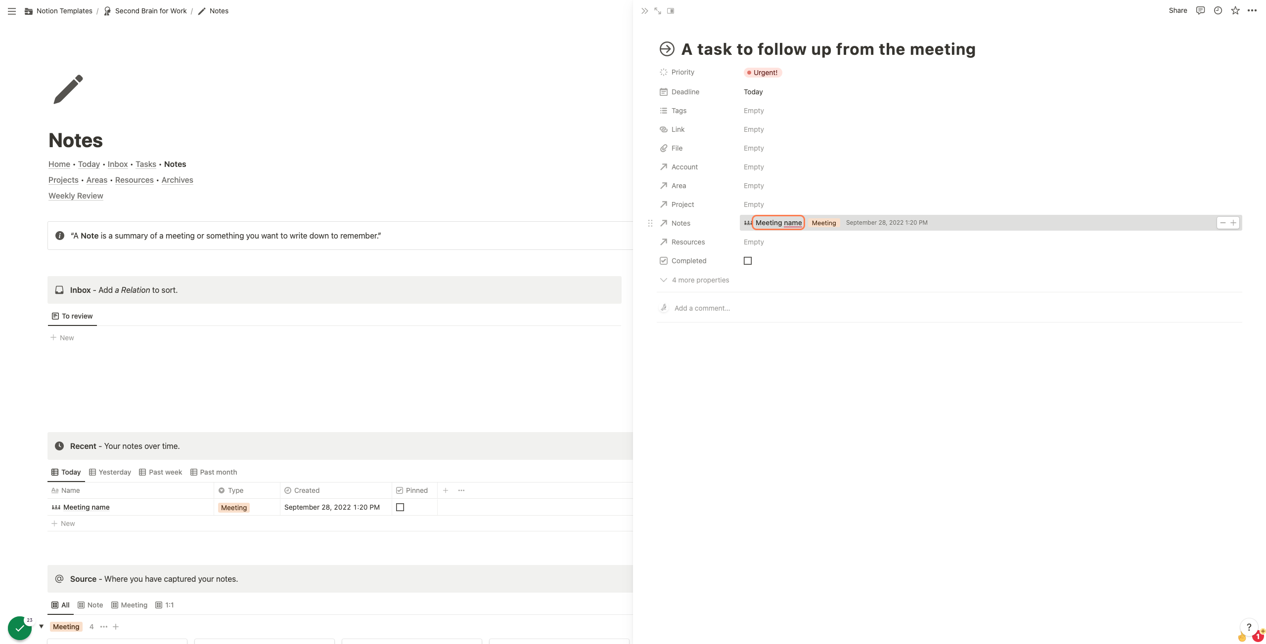 Click on the related meeting name to get back to the meeting notes