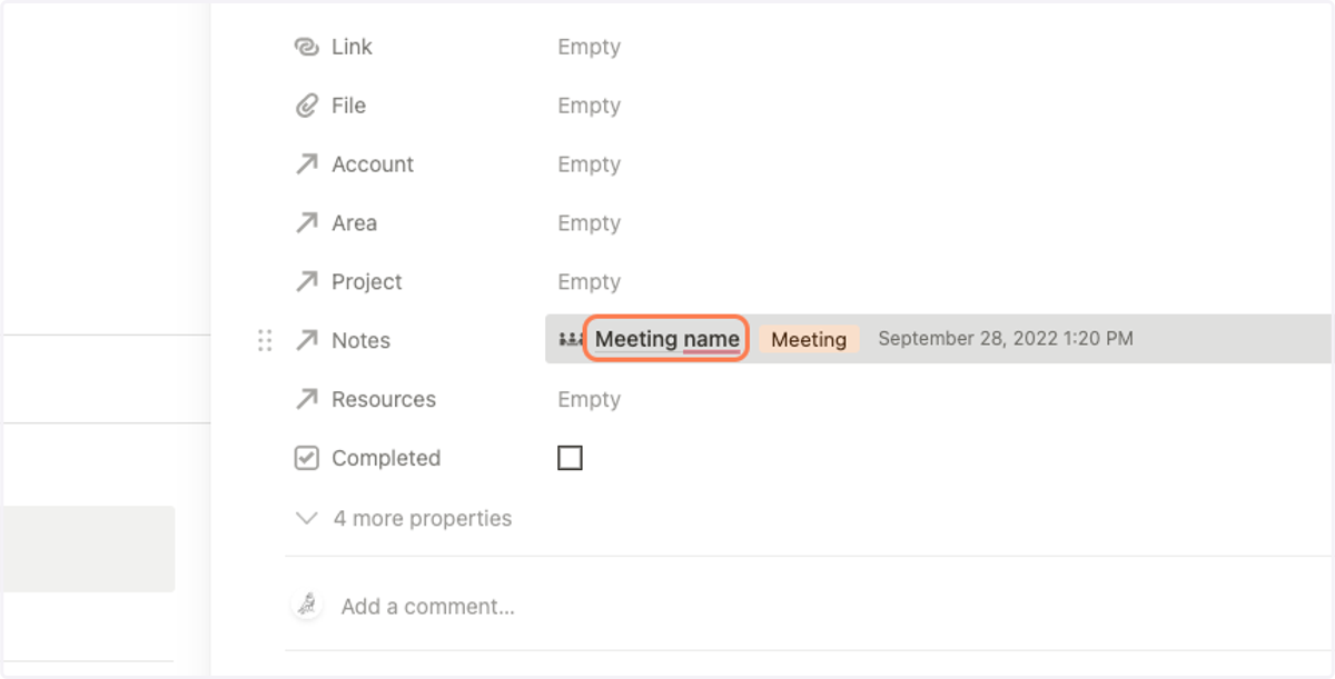 Click on the related meeting name to get back to the meeting notes
