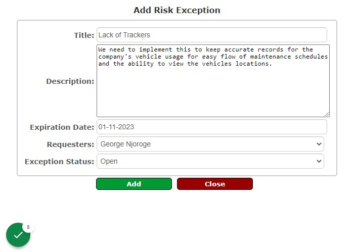 Fill in the details in the pop out risk exception form i.e. title, description, expiration date, requesters and the exception status as shown the below example