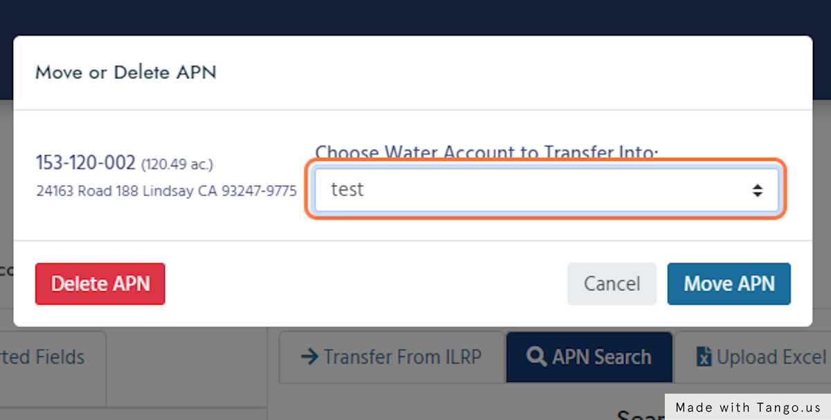 Select the Water Account from the drop down that you want to move the parcel into