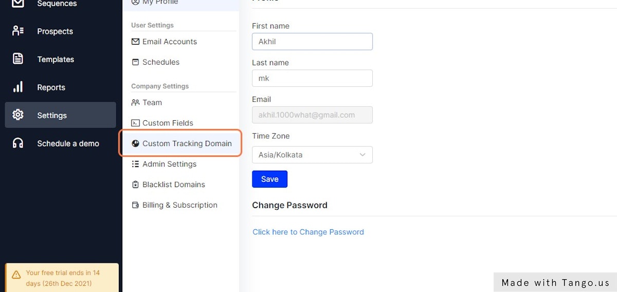 Click on Custom Tracking Domain