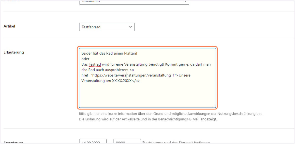 Gewünschter Text für die Meldung unbedingt ausfüllen