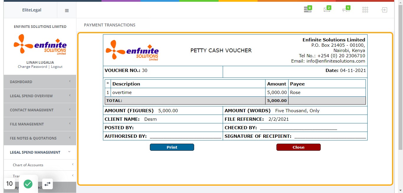 This generates a petty cash voucher receipt containing all the payment detailsils