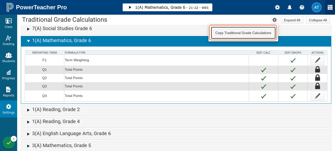 Click on Copy Traditional Grade Calculations