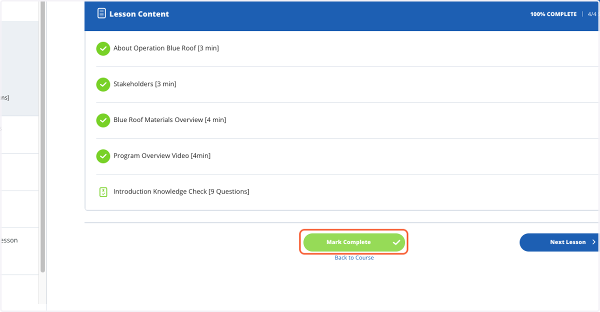 After completing all topics, mark the lesson complete to move on
