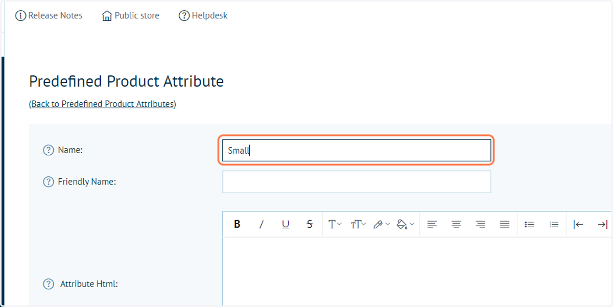 Type "Small" in the Predefined attribute value name