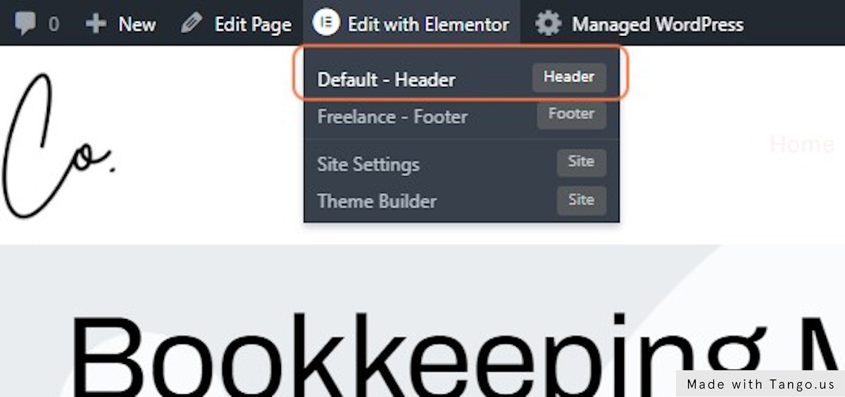From the Main Menu, Hover Over Edit with Elementor and Click on Default - Header