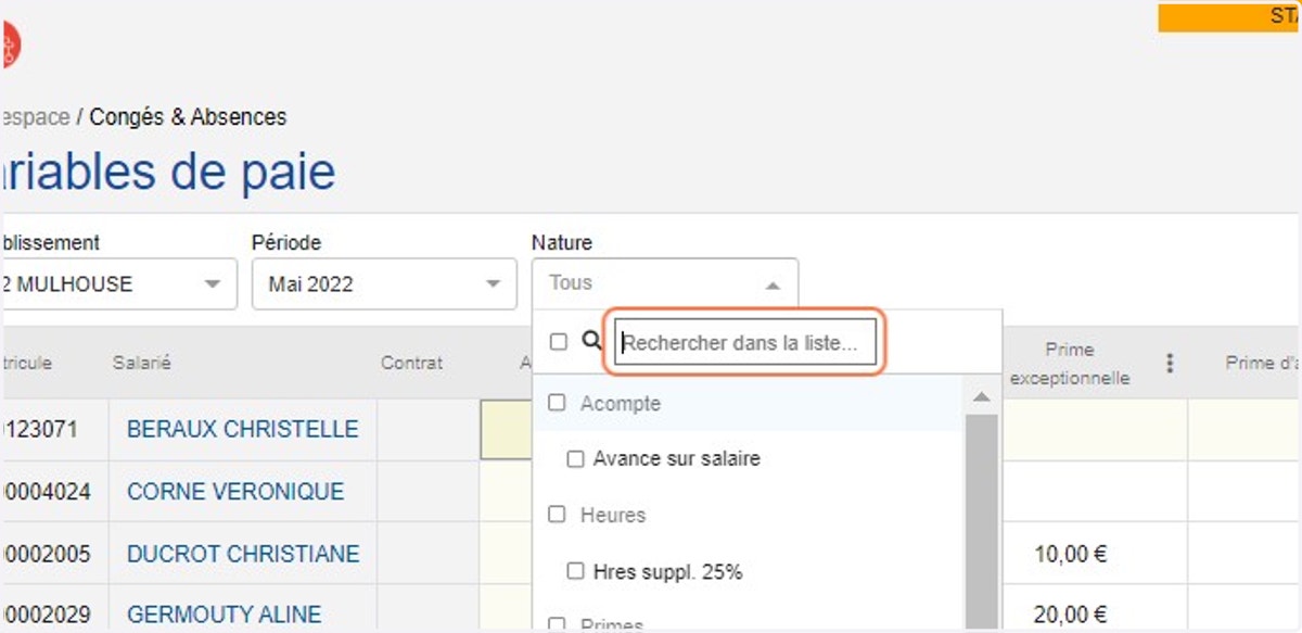 Vous pouvez filtrer par nature d'EVP