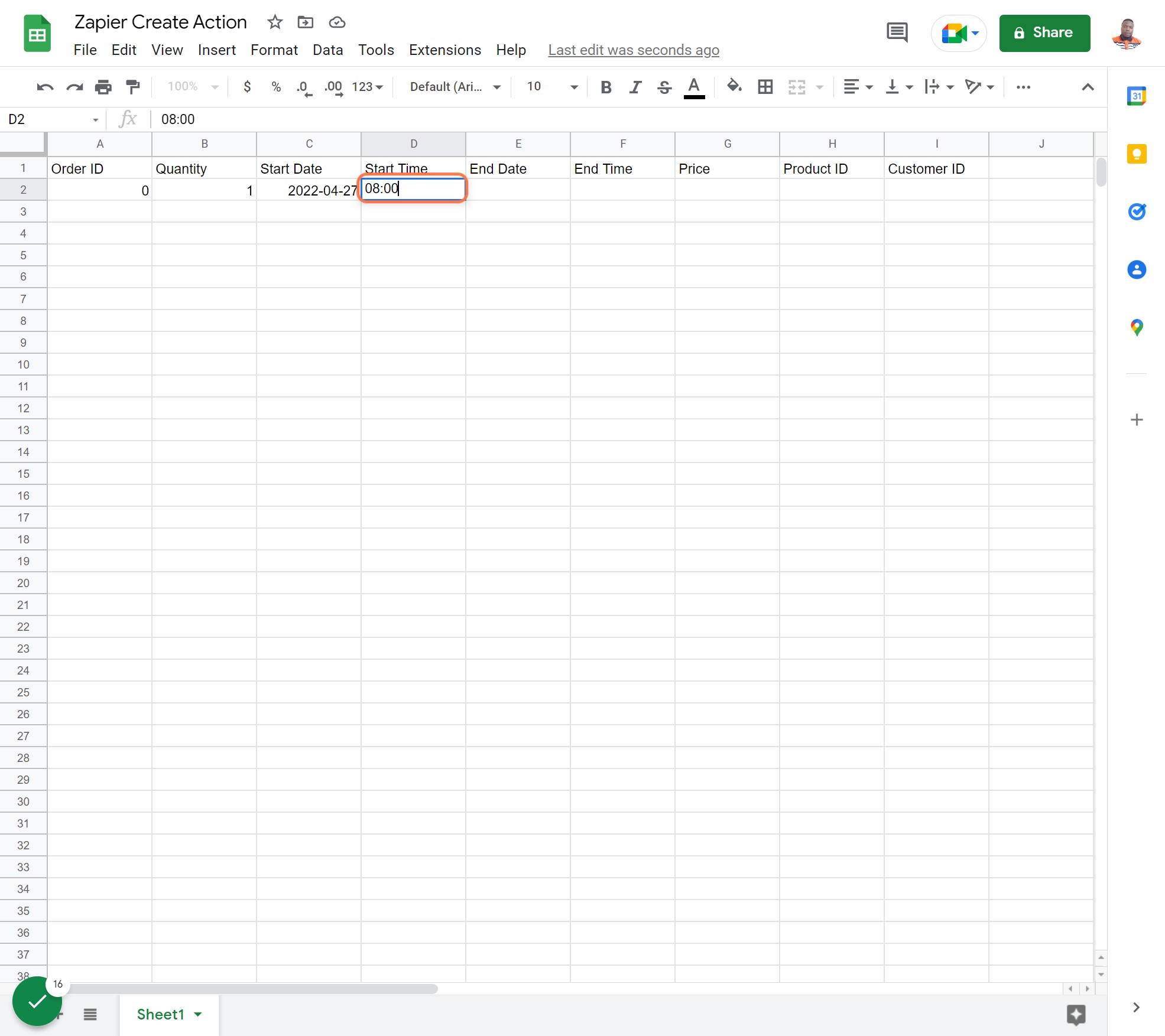 Sample Data for Start Time