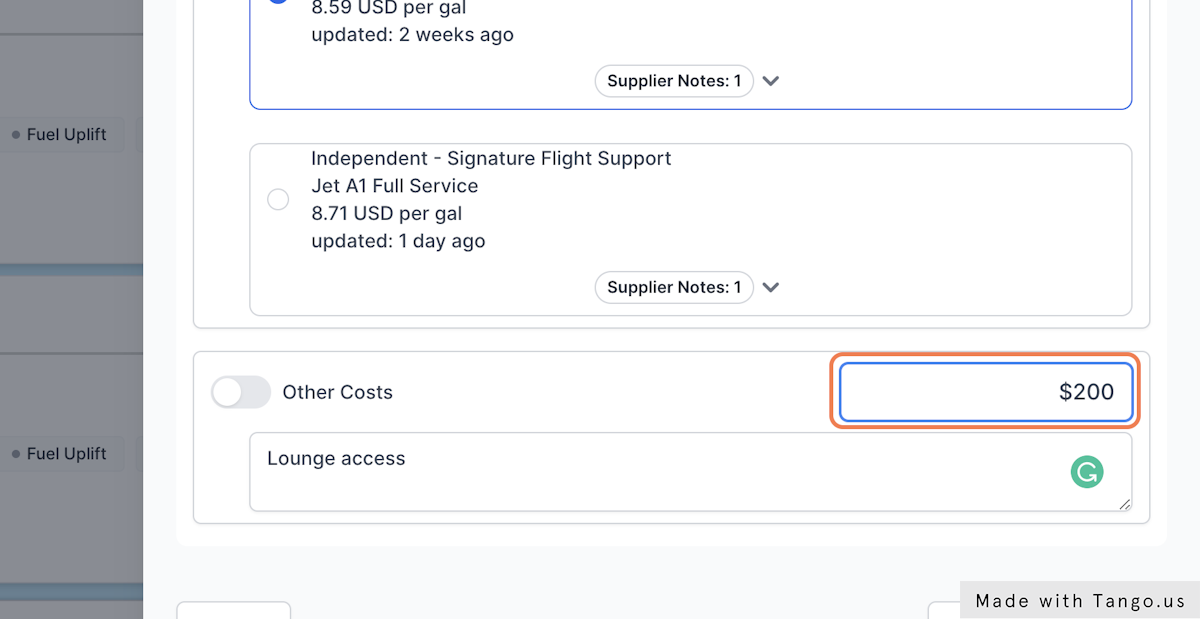 You can add additional costs for each flight in the "Other Cost" section