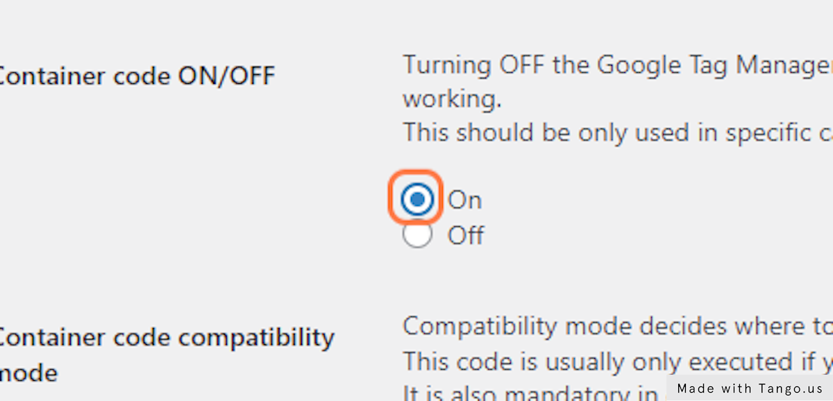 Change the "Container code ON/OFF" to "ON"