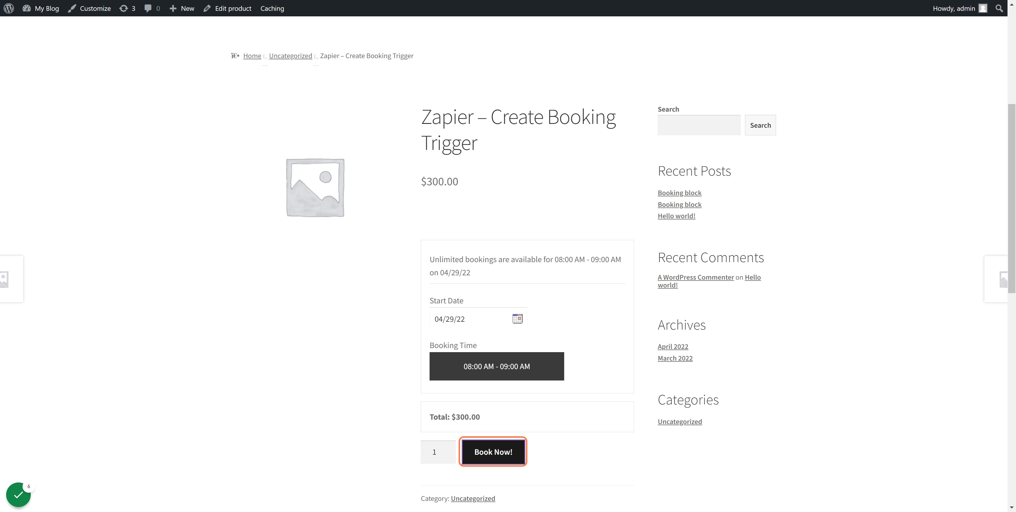 Place a Booking on the WooCommerce store for the Product configured for the Zapier Trigger