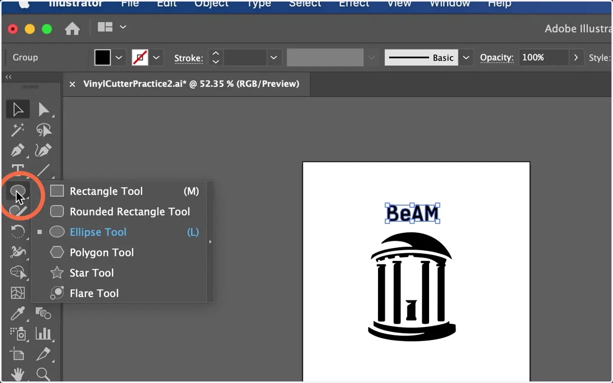 Right-click the 'Shapes Tool' to see options (Rectangle, Ellipse, etc.)